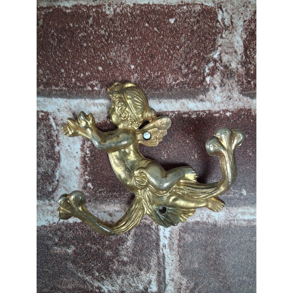 Vintage Brass Fairy Girl Cherub Wall Hook Towel Whimsy Bathroom Decor Cottage